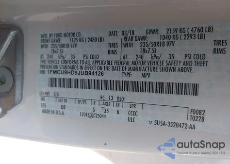 2018 Ford Escape Sel из США, поврежденный, VIN 1FMCU9HD9JUB94126